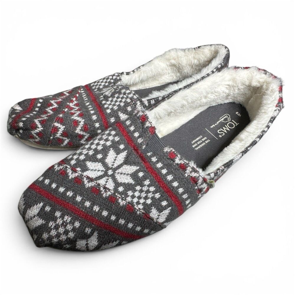 TOMS Women’s Size 9 Gray Fair Isle Fleece Lined Slip On Shoes Cozy Winter